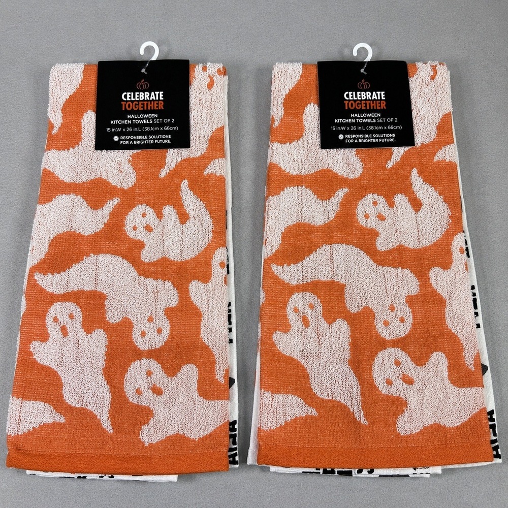 Pair Celebrate Together 2 PK Halloween Kitchen Towels Ghost Pumpkin 15x26 NWT